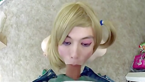 Thick blonde tranny gets fucked by her big dick dude