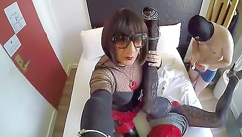 Two horny men fucking a brunette in stockings and cum