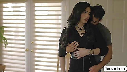 Trans girl with a black suit deep throated and fucked hard