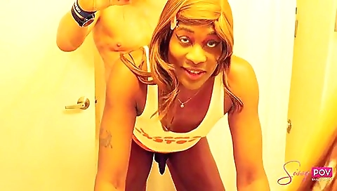 Ebony shemale gets a good hard fuck in her pussy and ass