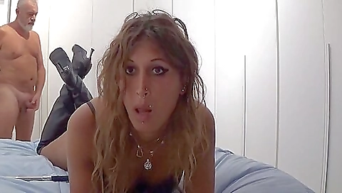 Latina tranny with small tits plays with her boots