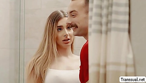 A hardcore blonde is giving a deepthroat blowjob to a man