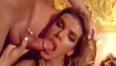 Hot brunette gets fucked and fucked with two other dicks