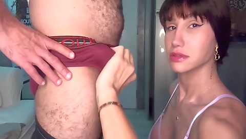 Busty brunette shemale gets her ass and big cock fucked