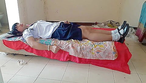 Amateur asian student in uniform shows off her body