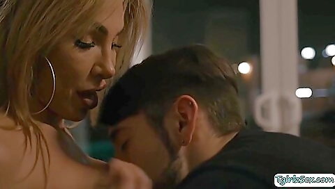 Busty older hottie fucks with old and young stepson