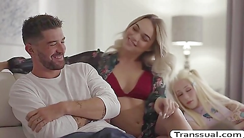 Horny blonde in a sexy lingerie gets a deepthroating blowjob