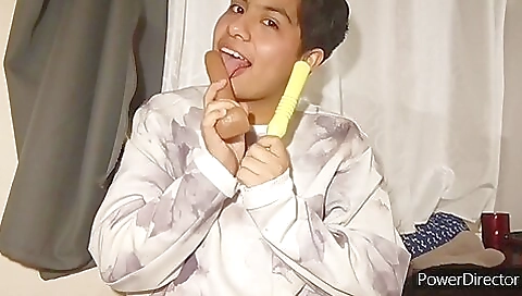 Brunette masturbates with a dildo in her bedroom 2